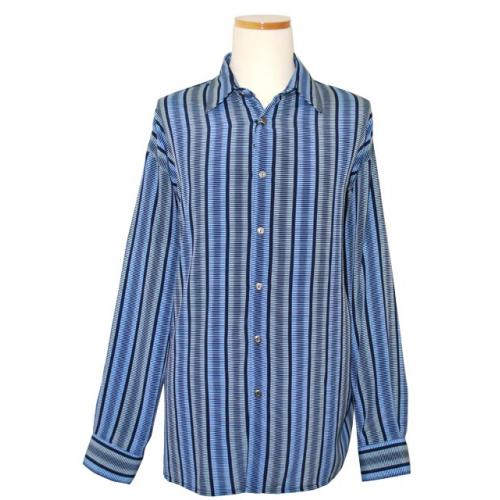 Bassiri Powder Blue with Grey/Navy Blue Stripes 100% Micro Fiber Long Sleeves Shirt #4528